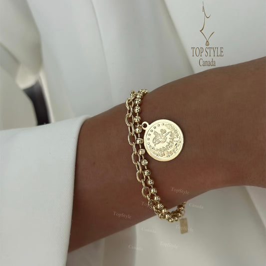 Double Chain Coin Charm Bracelet | 18K Gold Plated