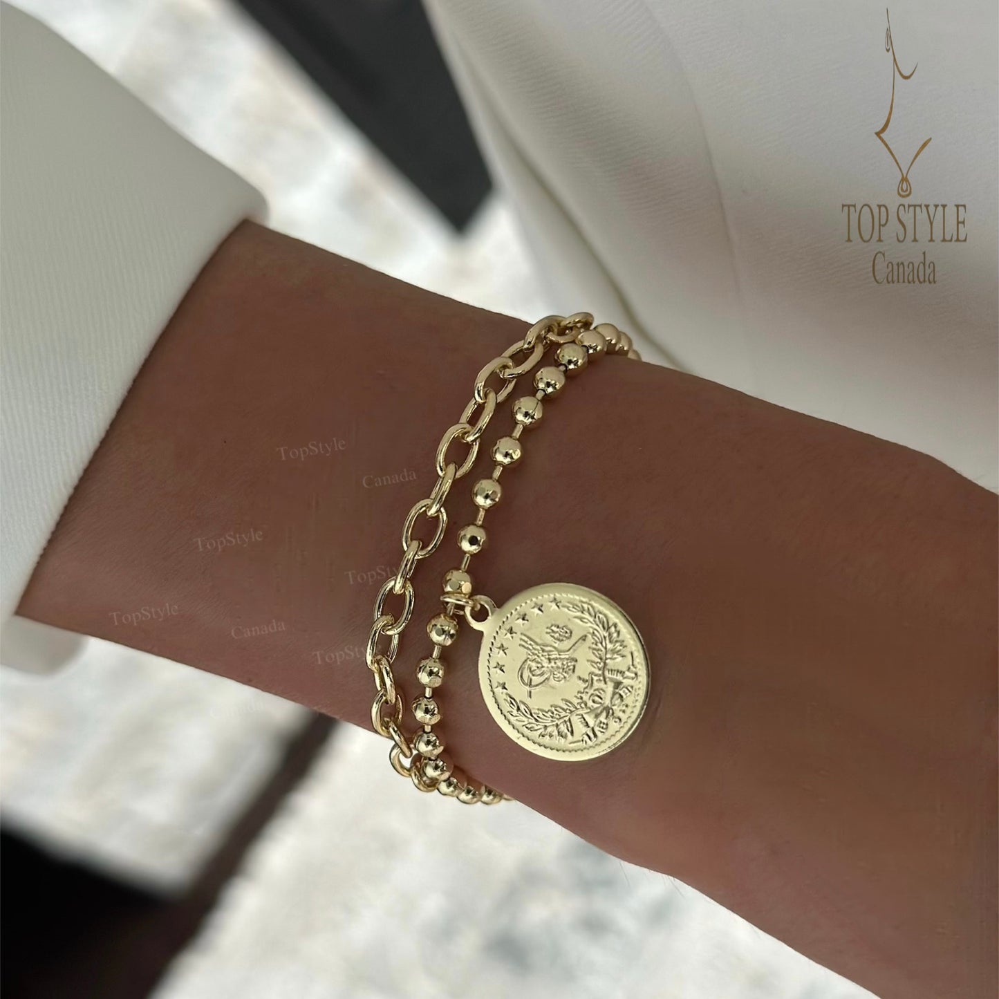 Double Chain Coin Charm Bracelet | 18K Gold Plated