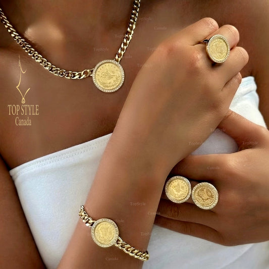 18K Gold Plated Coin Chain Full Set (Necklace, Bracelet, Adjustable Ring & Earrings)
