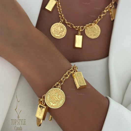 21K Gold Plated Coin & Bar Charm (Necklace and Bracelet) Set