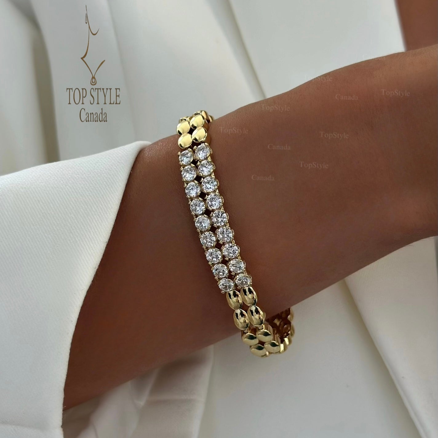 18K Gold Link Bracelet with Dual Row Stones