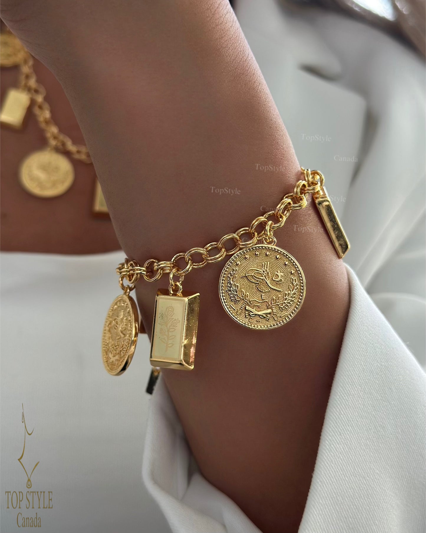 21K Gold Plated Coin & Bar Charm (Necklace and Bracelet) Set