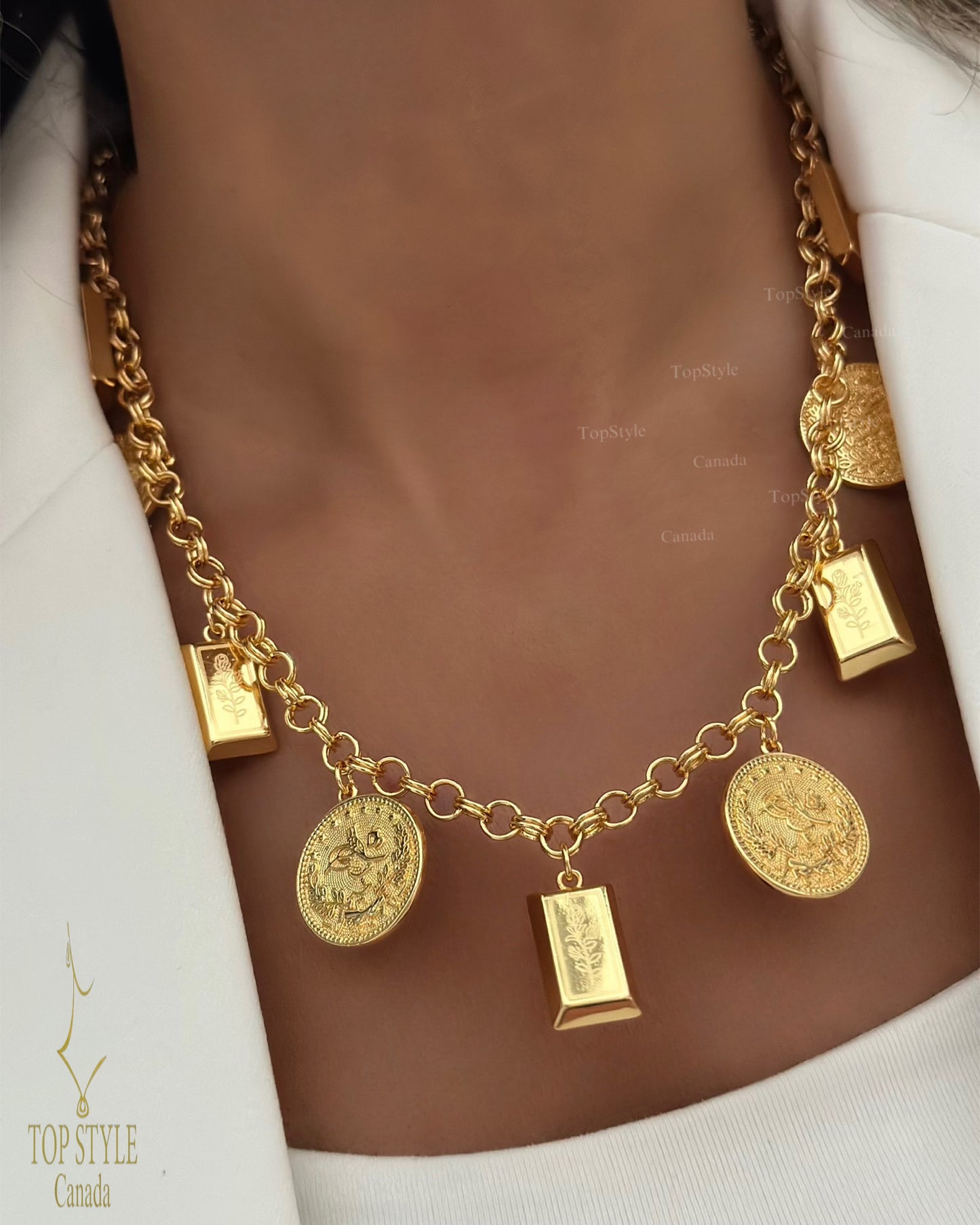 21K Gold Plated Coin & Bar Charm (Necklace and Bracelet) Set