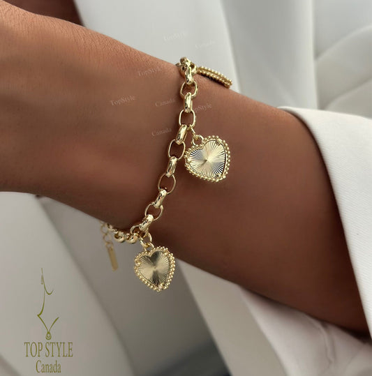 Triple Sunray Heart Charm Bracelet | 18K Gold Plated