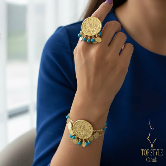 Ottoman Coin Half Set with Turquoise Beads (Bracelet + Ring)