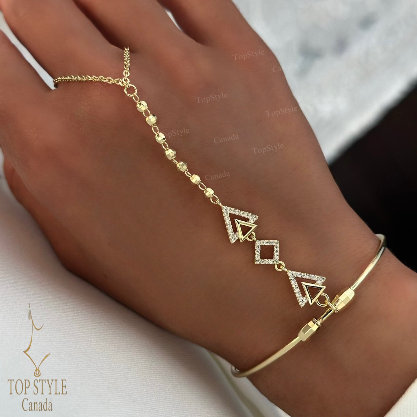 18K Gold Plated Geometric CZ Hand Chain Bracelet