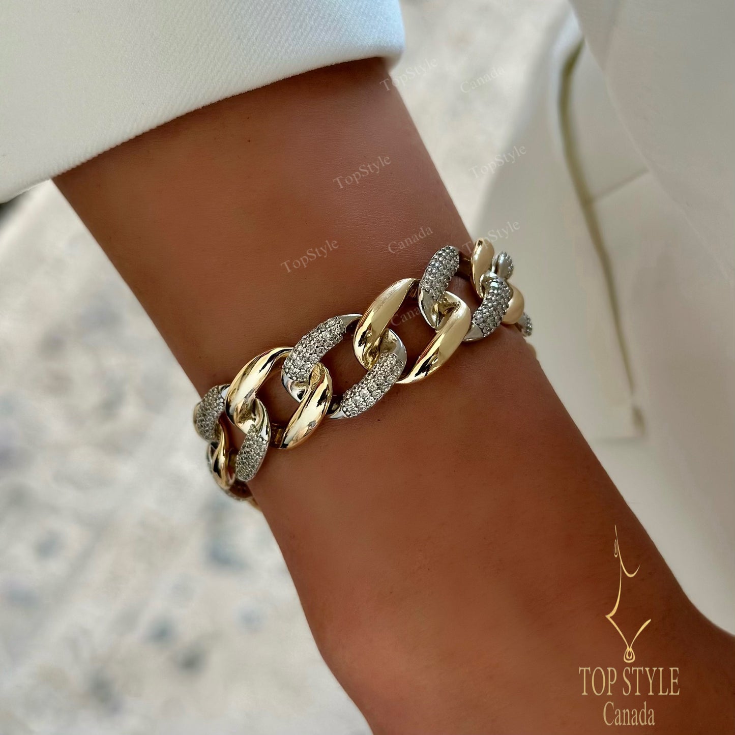 Bracelet chaîne maillons pavés bicolore – Plaqué or 18 carats