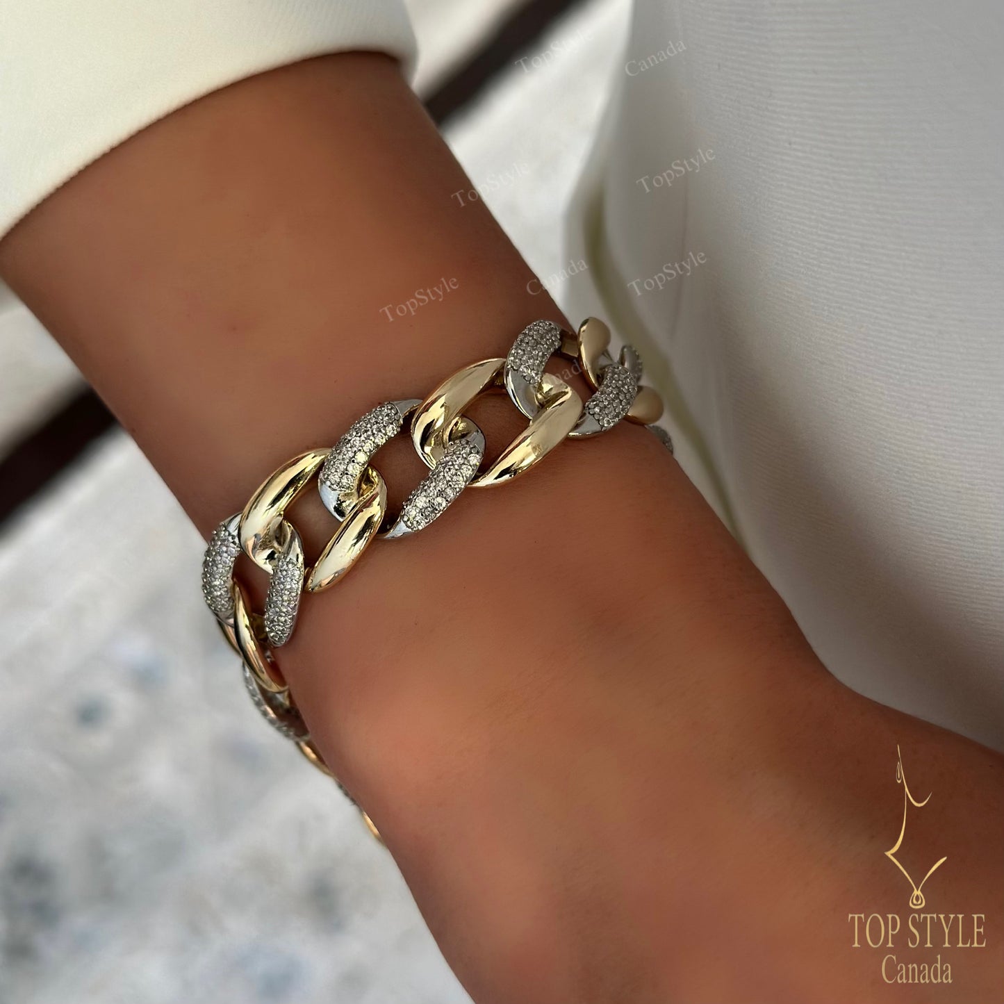Bracelet chaîne maillons pavés bicolore – Plaqué or 18 carats