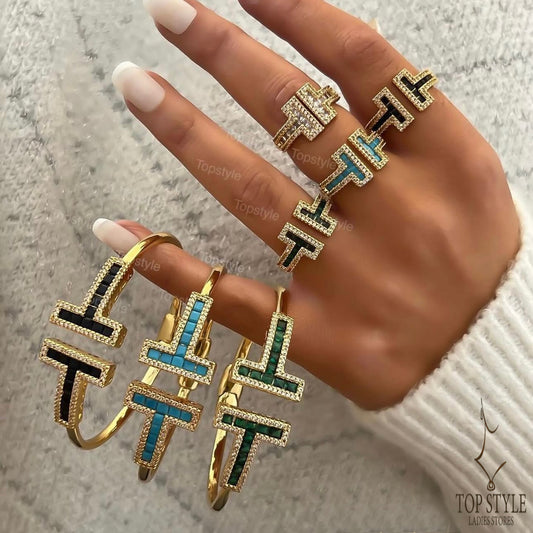 Gold Plated T-Shape Stone Half Set ( Bangle + Ring )