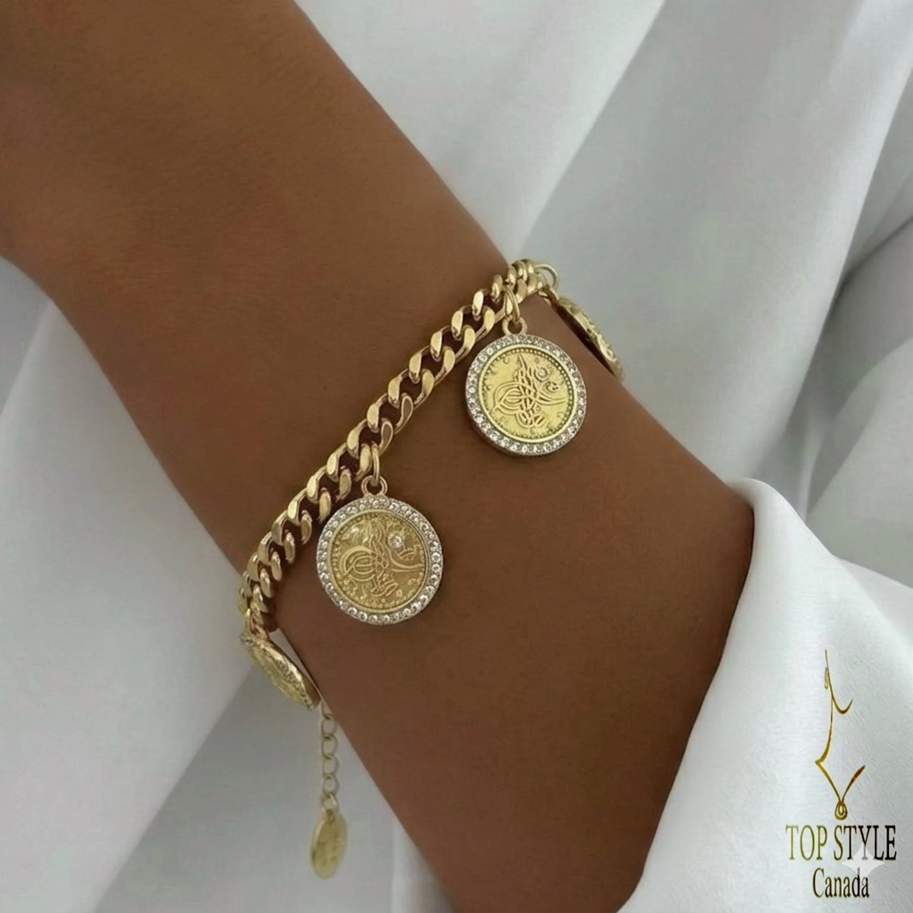 Bracelet à breloques pièce de monnaie royale ottomane – Plaqué or 21 carats