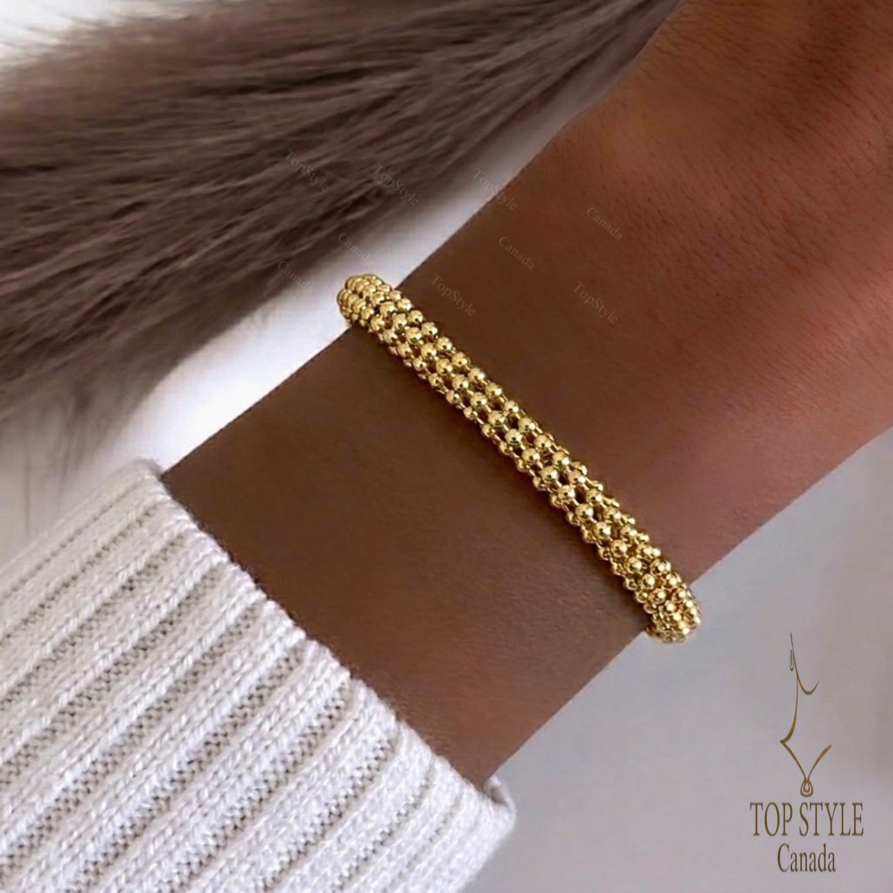 Bracelet maille texturée perlée, plaqué or 18 carats